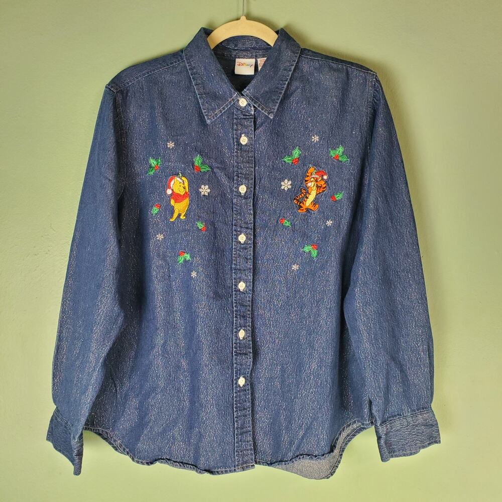 Disney Winnie The Pooh Blue Embroidered Button Up Christmas Shirt Top Size XL